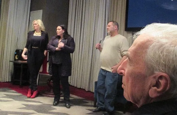 First Time Fest co-founders Mandy Ward and Johanna Bennett with Harvey Weinstein as Gay Talese looks on
